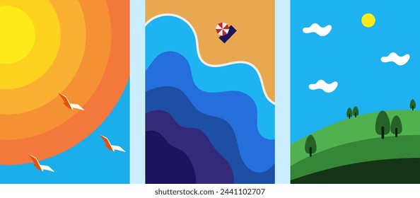 Póster de verano, cubierta, juego de cartas con paisaje natural, sol, yate en el mar, y campos. Vacaciones de verano, viaje, ilustraciones de viajes de vacaciones