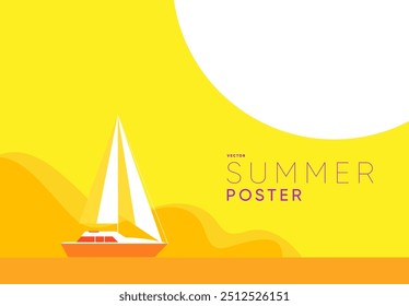 Abstract minimal summer poster, cover, card set with nature landscape, sun, plane in the clouds, yacht in the sea, fields and typography design. 
