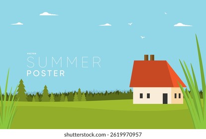 Abstract minimal summer poster, cover, card set with nature landscape, sun, plane in the clouds, yacht in the sea, fields and typography design. 