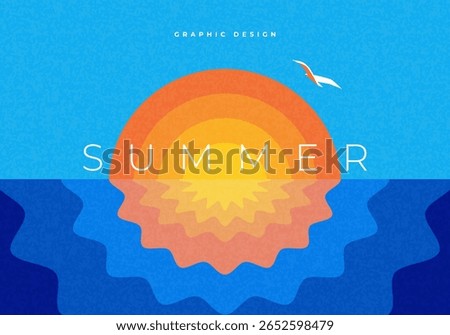 Abstract minimal summer poster, cover, banner, card with bright sun in the blue sky, the sea and modern typography. Summer holidays, journey, vacation travel illustration. Promo ads design template