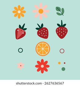 Abstract minimal summer set with strawberries and playful elements. Ideal for seasonal designs, packaging, prints, and decor