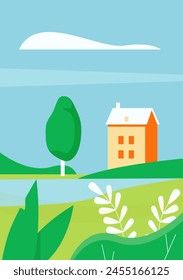 Abstractas paisaje mínimo de verano o primavera con casa de campo y río, plantas verdes y Ilustración vectorial de árboles