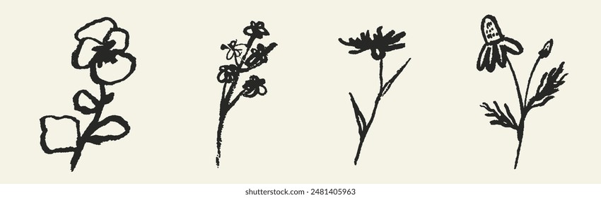 Abstract minimal tattoo style flower art poster or placard set in Ink, charcoal or crayon style. Hand drawn flowers vector illustration collection. Abstract pencil plants or floral elements drawing.