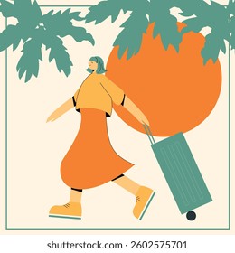 Abstract minimal travel cards set. People with luggage, plane in the clouds, palm tree. Summer holidays, journey, vacation travel illustrations
