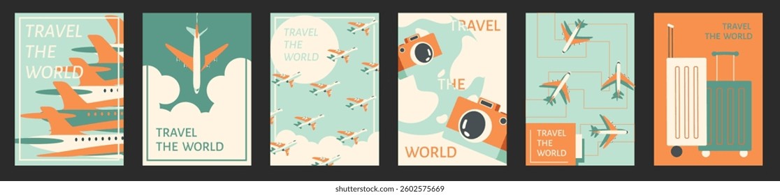 Abstract minimal travel poster, cover, card set with sun, plane in the clouds, palm tree, luggage and typography design. Summer holidays, journey, vacation travel illustrations