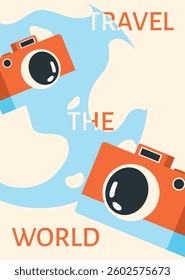 Abstract minimal travel poster, cover, card set with sun, plane in the clouds, palm tree, luggage and typography design. Summer holidays, journey, vacation travel illustrations