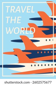 Abstract minimal travel poster, cover, card set with sun, plane in the clouds, palm tree, luggage and typography design. Summer holidays, journey, vacation travel illustrations