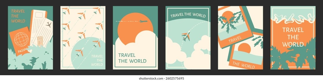 Abstract minimal travel poster, cover, card set with sun, plane in the clouds, palm tree, luggage and typography design. Summer holidays, journey, vacation travel illustrations