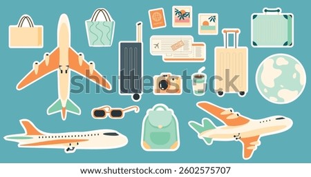 Abstract minimal travel sticker set with plane, luggage, tickets, camera and planet. Summer holidays, journey, vacation travel illustrations