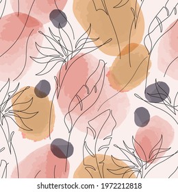 Abstract minimal tropical leaf, flower in one line drawing, watercolor shapes seamless pattern. Modern vector illustration. Simple botanical background for covers, posters, templates, prints, design