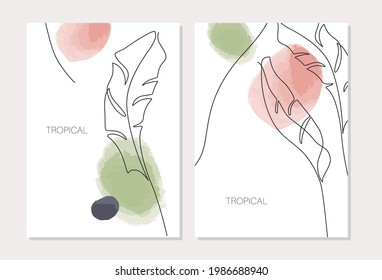 Abstract minimal tropical leaves in one line drawing, watercolor shapes, posters set. Modern vector illustration with continuous line art design. Simple botanical concept for covers, templates, prints