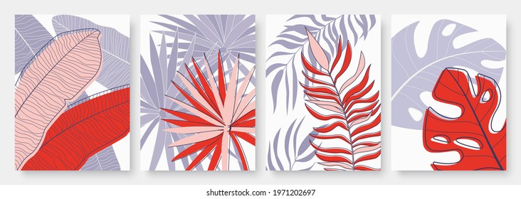 Abstract minimal tropical palm tree leaves vector illustration set. Minimalist hand drawn nature leaf, tropic beach, jungle or summer garden, vertical template background for social media stories