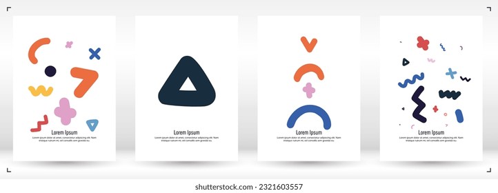 Abstract Minimal Vector Background in Trendy Memphis Style. Bright Retro Print with Dynamic Lines and Geometric Shapes.  Set of Vivid Modern Poster Design for Landing Page, Cover, Brochure.