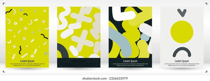 Abstract Minimal Vector Background in Trendy Doodle Style.   Colorful Graphic Print with Dynamic Lines and Geometric Shapes. Set of Vivid Poster 80s - 90s Design for Landing Page, Cover, Brochure. 