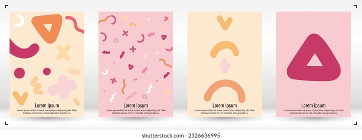 Abstract Minimal Vector Background in Trendy Memphis Style. Colorful Graphic Print with Dynamic Lines and Geometric Shapes. Set of Vivid Hipster Poster Design for Landing Page, Cover, Brochure. 