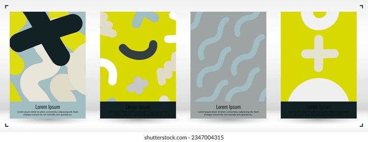 Abstract Minimal Vector Background in Trendy Memphis Style. Colorful Graphic Print with Dynamic Lines and Geometric Shapes. Set of Vivid Poster 80s - 90s Design for Landing Page, Cover, Brochure. 