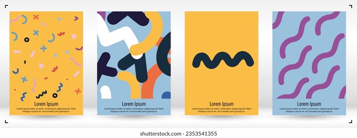 Abstract Minimal Vector Background in Trendy Doodle Style.   Bright Retro Print with Dynamic Lines and Geometric Shapes.  Set of Vivid Hipster Poster Design for Landing Page, Cover, Brochure. 