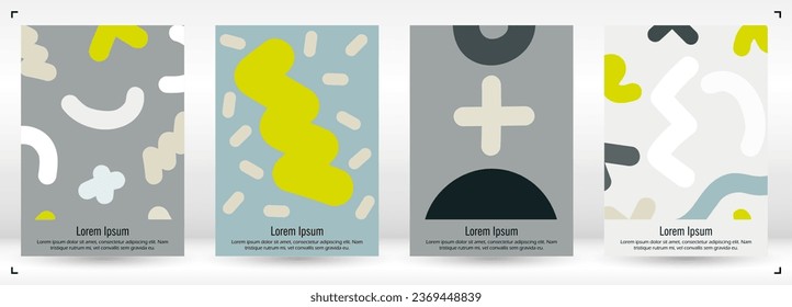 Abstract Minimal Vector Background in Trendy Memphis Style. Vibrant Graphic Print with Dynamic Lines and Geometric Shapes.  Set of Vivid Poster 80s - 90s Design for Landing Page, Cover, Brochure. 