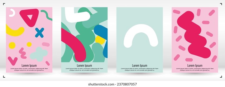 Abstrakter minimaler Vektorhintergrund im trendigen Doodle-Stil.   Farbige Grafikdrucke mit dynamischen Linien und geometrischen Formen. Set von Vivid Poster 80s - 90s Design für Landing Page, Cover, Broschüre. 