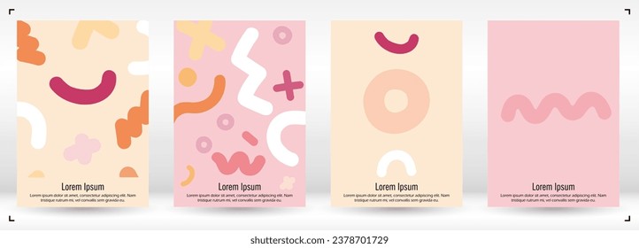 Abstract Minimal Vector Background in Trendy Doodle Style.   Colorful Graphic Print with Dynamic Lines and Geometric Shapes. Set of Vivid Poster 80s - 90s Design for Landing Page, Cover, Brochure. 