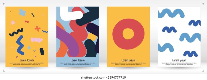 Abstract Minimal Vector Background in Trendy Doodle Style.   Bright Retro Print with Dynamic Lines and Geometric Shapes.  Set of Vivid Modern Poster Design for Landing Page, Cover, Brochure.