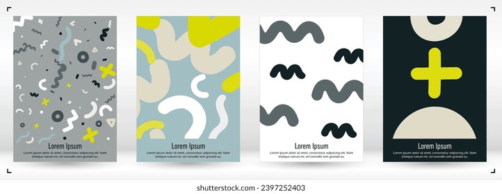 Abstract Minimal Vector Background in Trendy Doodle Style.   Vibrant Graphic Print with Dynamic Lines and Geometric Shapes.  Set of Vivid Hipster Poster Design for Landing Page, Cover, Brochure. 