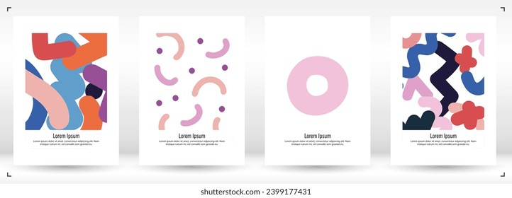 Abstract Minimal Vector Background in Trendy Memphis Style. Vibrant Graphic Print with Dynamic Lines and Geometric Shapes.  Set of Vivid Poster 80s - 90s Design for Landing Page, Cover, Brochure. 