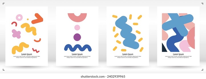 Abstract Minimal Vector Background in Trendy Memphis Style. Vibrant Graphic Print with Dynamic Lines and Geometric Shapes.  Set of Vivid Modern Poster Design for Landing Page, Cover, Brochure.