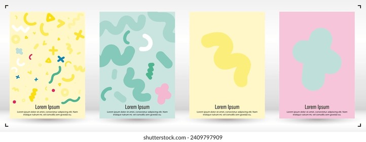Abstract Minimal Vector Background in Trendy Memphis Style. Vibrant Graphic Print with Dynamic Lines and Geometric Shapes.  Set of Vivid Hipster Poster Design for Landing Page, Cover, Brochure. 