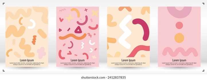 Abstract Minimal Vector Background in Trendy Doodle Style.   Vibrant Graphic Print with Dynamic Lines and Geometric Shapes.  Set of Vivid Poster 80s - 90s Design for Landing Page, Cover, Brochure. 