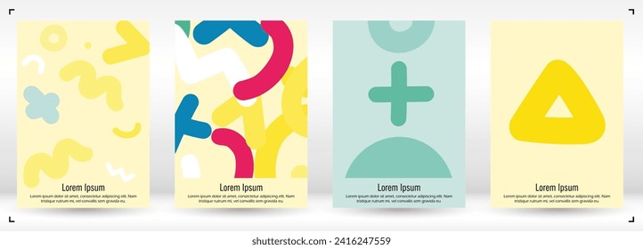 Abstract Minimal Vector Background in Trendy Bahaus Style. Vibrant Graphic Print with Dynamic Lines and Geometric Shapes.  Set of Vivid Poster 80s - 90s Design for Landing Page, Cover, Brochure. 