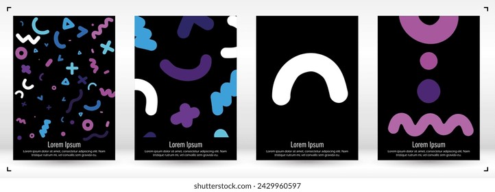 Abstract Minimal Vector Background in Trendy Memphis Style. Colorful Graphic Print with Dynamic Lines and Geometric Shapes. Set of Vivid Hipster Poster Design for Landing Page, Cover, Brochure. 
