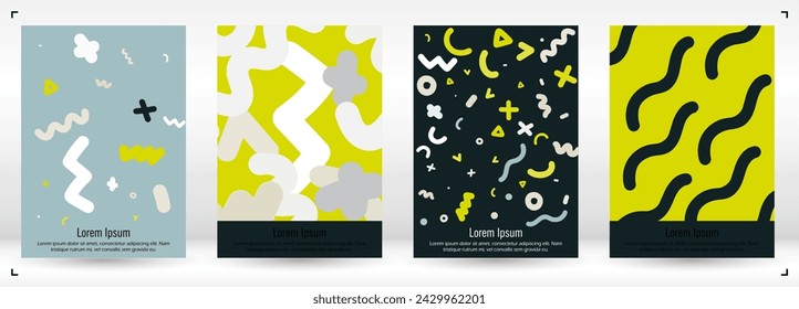 Abstract Minimal Vector Background in Trendy Doodle Style.   Bright Retro Print with Dynamic Lines and Geometric Shapes.  Set of Vivid Poster 80s - 90s Design for Landing Page, Cover, Brochure. 