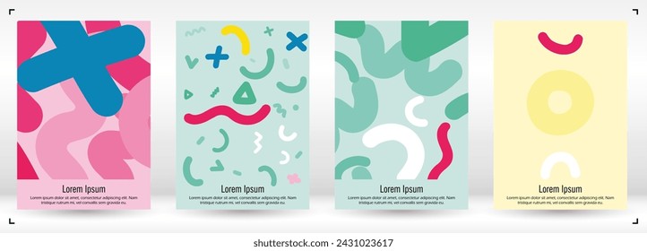 Abstract Minimal Vector Background in Trendy Memphis Style. Colorful Graphic Print with Dynamic Lines and Geometric Shapes. Set of Vivid Poster 80s - 90s Design for Landing Page, Cover, Brochure. 