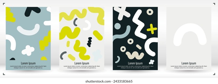 Abstract Minimal Vector Background in Trendy Memphis Style. Bright Retro Print with Dynamic Lines and Geometric Shapes.  Set of Vivid Modern Poster Design for Landing Page, Cover, Brochure.