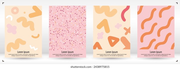 Abstract Minimal Vector Background in Trendy Doodle Style.   Vibrant Graphic Print with Dynamic Lines and Geometric Shapes.  Set of Vivid Poster 80s - 90s Design for Landing Page, Cover, Brochure. 