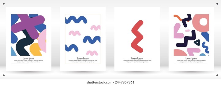 Abstract Minimal Vector Background in Trendy Doodle Style.   Colorful Graphic Print with Dynamic Lines and Geometric Shapes. Set of Vivid Poster 80s - 90s Design for Landing Page, Cover, Brochure. 