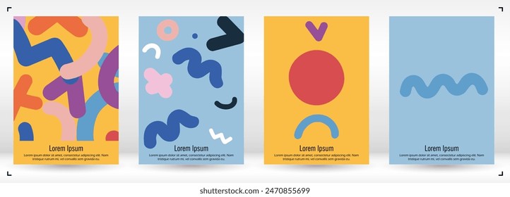 Abstract Minimal Vector Background in Trendy Bahaus Style. Colorful Graphic Print with Dynamic Lines and Geometric Shapes. Set of Vivid Modern Poster Design for Landing Page, Cover, Brochure.