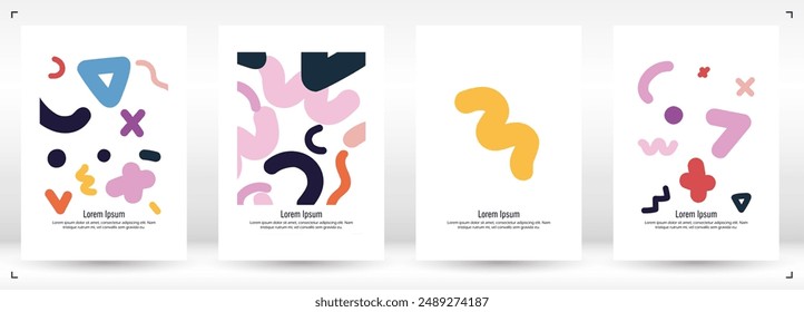 Abstract Minimal Vector Background in Trendy Memphis Style. Vibrant Graphic Print with Dynamic Lines and Geometric Shapes.  Set of Vivid Modern Poster Design for Landing Page, Cover, Brochure.