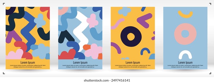 Fondo de Vector mínimo Abstractas en estilo de moda de Memphis. Impresión gráfica colorida con líneas dinámicas y Formas geométricas. Conjunto de póster vívido 80s - 90s diseño para Landing Page, cubierta, folleto. 