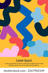 Abstract Minimal Vector Background in Trendy Doodle Style.   Bright Retro Print with Dynamic Lines and Geometric Shapes.  Set of Vivid Hipster Poster Design for Landing Page, Cover, Brochure. 