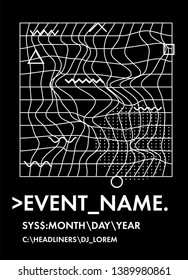Abstract minimal vector black and white poster template with glitched generative art geometric composition. High-tech/ cyberpunk technologies of future/ virtual reality.