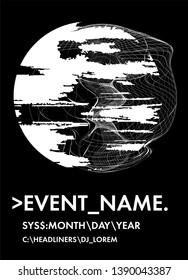 Abstract minimal vector black and white poster template with glitched generative art geometric composition. High-tech/ cyberpunk technologies of future/ virtual reality.