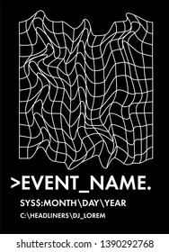 Abstract minimal vector black and white poster template with glitched generative art geometric composition. High-tech/ cyberpunk technologies of future/ virtual reality.