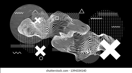 Abstract minimal vector black and white poster template with glitched generative art geometric composition. High-tech/ cyberpunk technologies of future/ virtual reality.