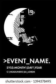Abstract minimal vector black and white poster template with glitched generative art geometric composition. High-tech/ cyberpunk technologies of future/ virtual reality.