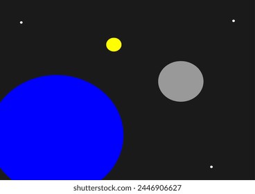 Abstract minimal vector earth space background. Blue earth seen and grey moon. Sun far away. Three stars in dark black space. 5 colours used.

