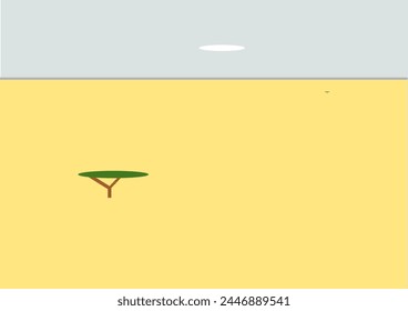 abstract minimal vector graphic of sahara in north africa. One big sahara typical tree with two branches and one very small tree from distance. Bright beige earth. One cloud and a light blue skie.