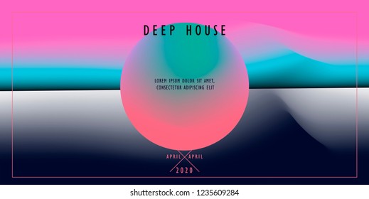 Abstract Minimal Vector Illustration in Retrofuturistic/ Synthwave/ Vaporwave Style. Pink Sphere on Colorful Fluid Blurry Gradient Skyline Background. 