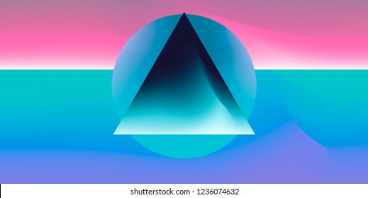 Abstract Minimal Vector Illustration in Retrofuturistic/ Synthwave/ Vaporwave Style. Pink Sphere and Triangle on Colorful Fluid Blurry Gradient Skyline Background. 